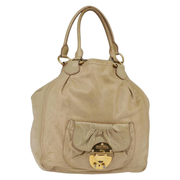 Miu Miu Tote Bag Leather Beige Gold Auth hk3064