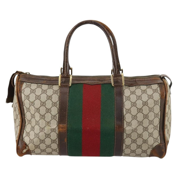 GUCCI GG Supreme Web Sherry Line Boston Bag PVC Beige Gold Red Auth hk3095