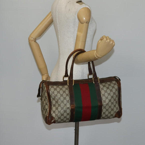 GUCCI GG Supreme Web Sherry Line Boston Bag PVC Beige Gold Red Auth hk3095