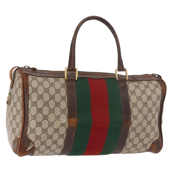GUCCI GG Supreme Web Sherry Line Boston Tas PVC Beige Goud Rood Auth hk3095