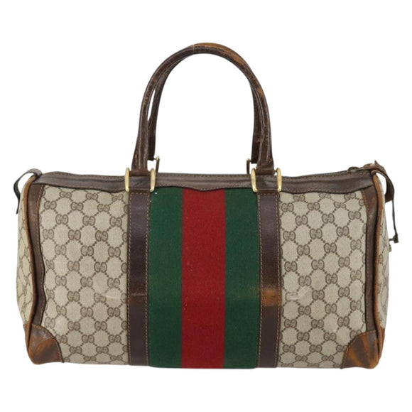 GUCCI GG Supreme Web Sherry Line Boston Bag PVC Beige Gold Red Auth hk3095