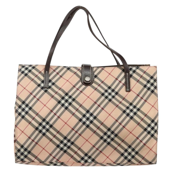 BURBERRY Nova Check Blue Label Tote Bag Nylon Beige Silver Auth hk3096