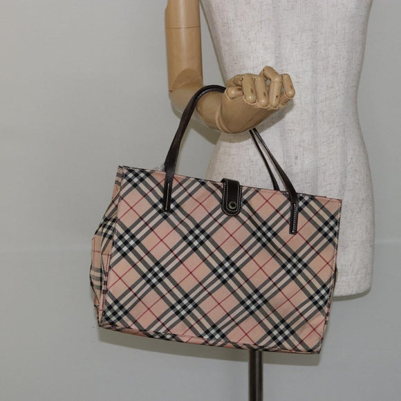 BURBERRY Nova Check Blue Label Tote Bag Nylon Beige Silver Auth hk3096
