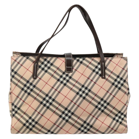 BURBERRY Nova Check Blue Label Tote Bag Nylon Beige Silver Auth hk3096