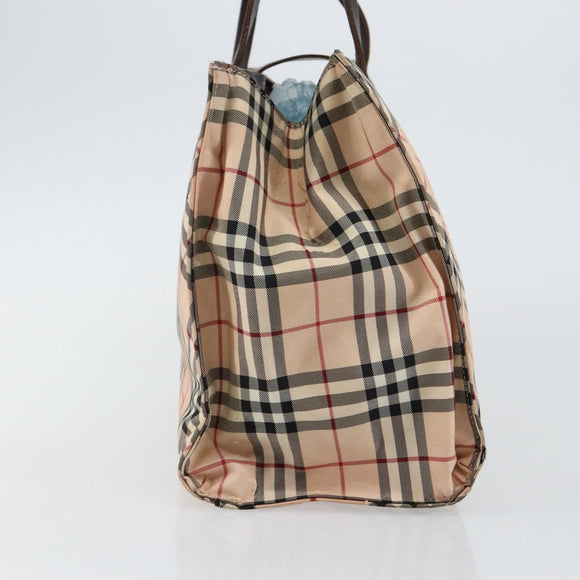 BURBERRY Nova Check Blue Label Tote Bag Nylon Beige Silver Auth hk3096