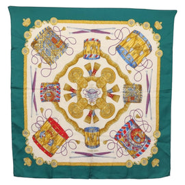 HERMES Carre 90 Scarf ""LES TAMBOURS"" Silk Green Auth hk3098