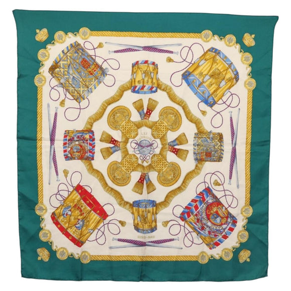 HERMES Carre 90 Scarf ""LES TAMBOURS"" Silk Green Auth hk3098