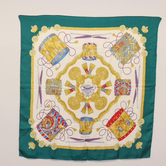 HERMES Carre 90 Scarf ""LES TAMBOURS"" Silk Green Auth hk3098
