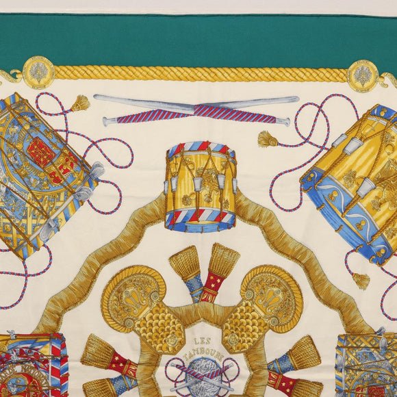HERMES Carre 90 Scarf ""LES TAMBOURS"" Silk Green Auth hk3098
