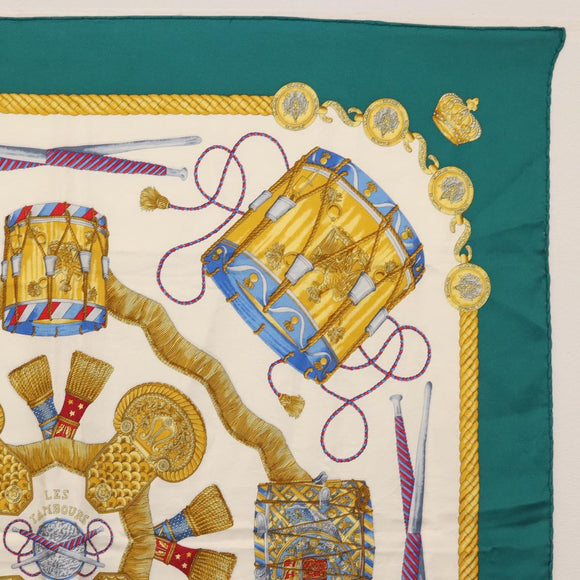 HERMES Carre 90 Scarf ""LES TAMBOURS"" Silk Green Auth hk3098