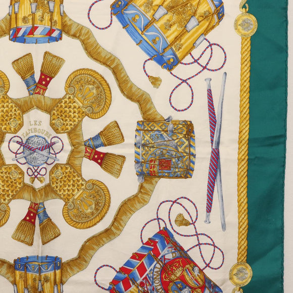 HERMES Carre 90 Scarf ""LES TAMBOURS"" Silk Green Auth hk3098