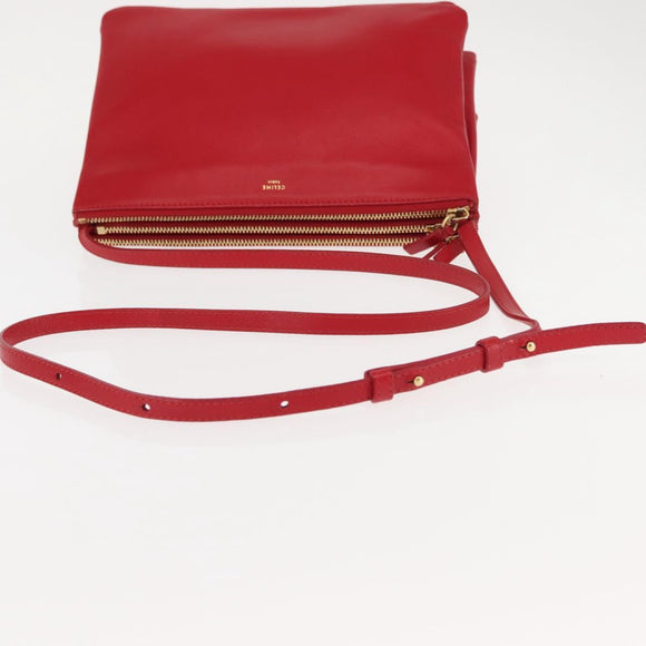 CELINE Trio large Shoulder Bag Leather Red Gold Auth hk3112