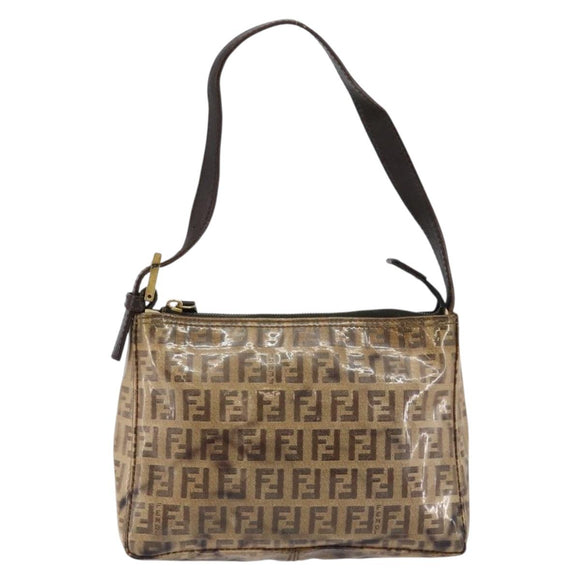 FENDI Zucchino Canvas Hand Bag Enamel Brown Gold Auth hk3118