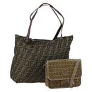 FENDI Zucca Canvas Zucchino Canvas Hand Bag Enamel 2 Set Black Brown Auth hk3167-1