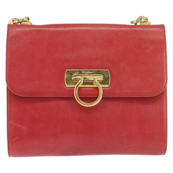 Salvatore Ferragamo Gancini Shoulder Bag Leather Red Gold Auth hk3177