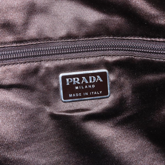 PRADA Boston Bag Canvas Leather Brown Red Silver Auth hk3186