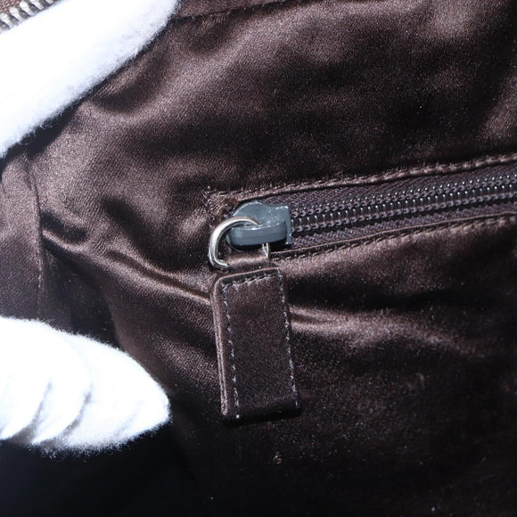 PRADA Boston Bag Canvas Leather Brown Red Silver Auth hk3186