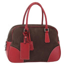 PRADA Boston Bag Canvas Leather Brown Red Silver Auth hk3186-1