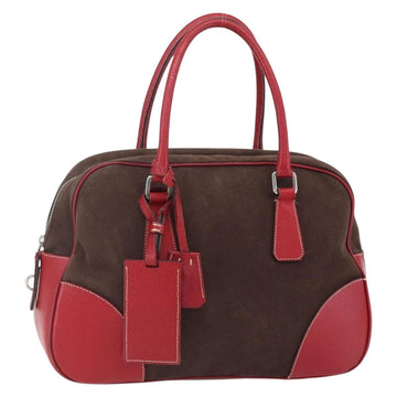 PRADA Boston Bag Canvas Leather Brown Red Silver Auth hk3186