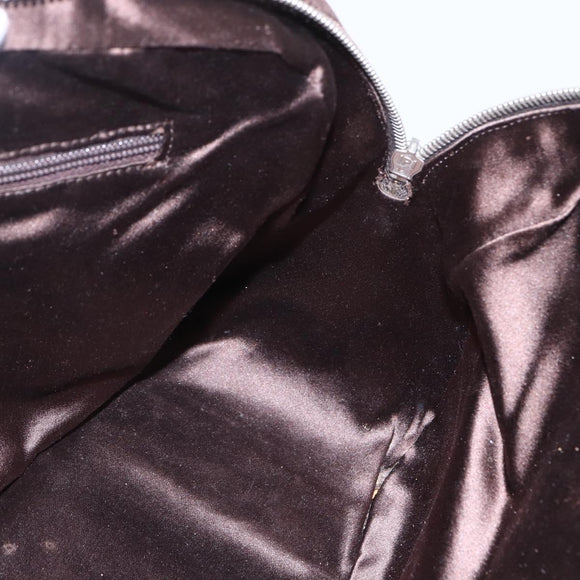 PRADA Boston Bag Canvas Leather Brown Red Silver Auth hk3186