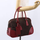 PRADA Boston Bag Canvas Leather Brown Red Silver Auth hk3186-25