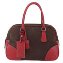 PRADA Boston Bag Canvas Leather Brown Red Silver Auth hk3186-13