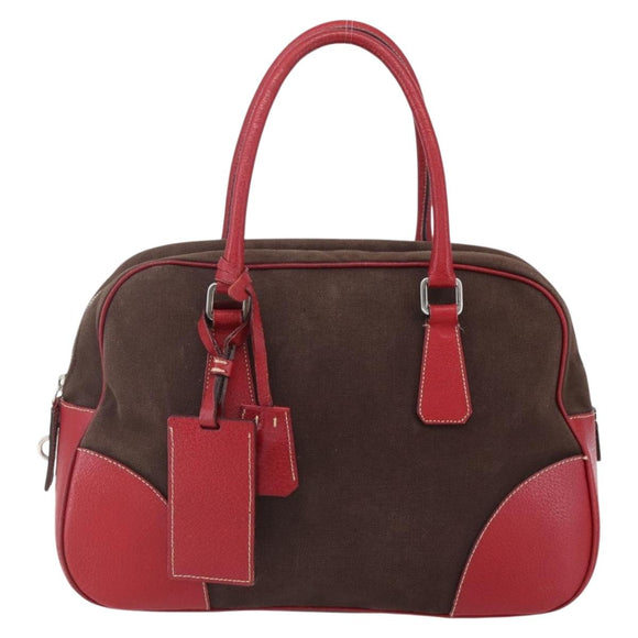 PRADA Boston Bag Canvas Leather Brown Red Silver Auth hk3186
