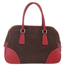 PRADA Boston Bag Canvas Leather Brown Red Silver Auth hk3186-2