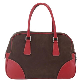 PRADA Boston Bag Canvas Leather Brown Red Silver Auth hk3186 - 0