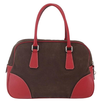 PRADA Boston Bag Canvas Leather Brown Red Silver Auth hk3186 - 0