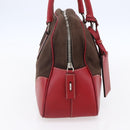 PRADA Boston Bag Canvas Leather Brown Red Silver Auth hk3186-3
