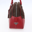 PRADA Boston Bag Canvas Leather Brown Red Silver Auth hk3186-4