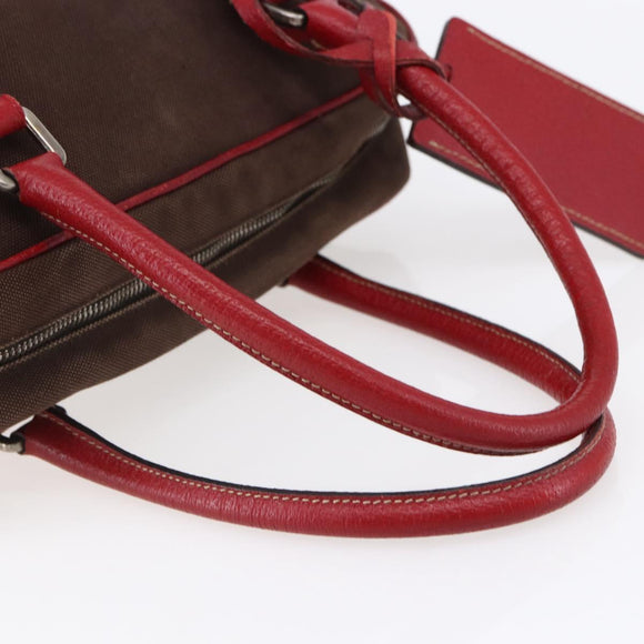 PRADA Boston Bag Canvas Leather Brown Red Silver Auth hk3186