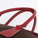 PRADA Boston Bag Canvas Leather Brown Red Silver Auth hk3186-8