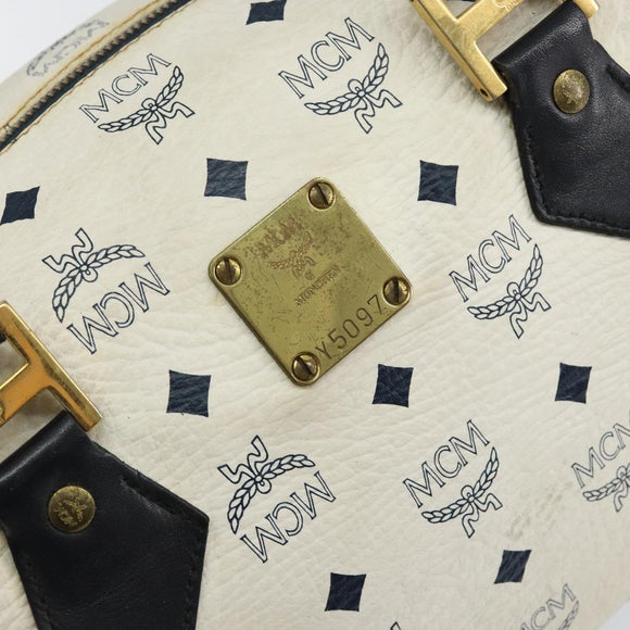 MCM Logogram Vicetos Boston Bag PVC Leather White Gold Auth hk3189