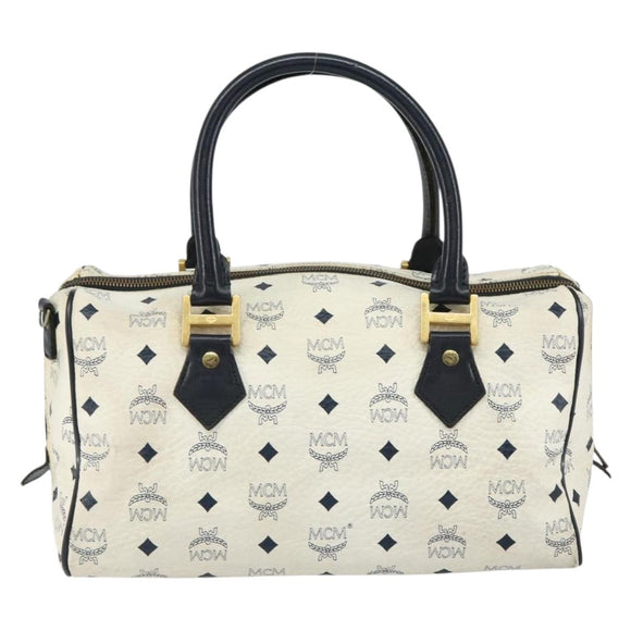 MCM Logogram Vicetos Boston Bag PVC Leather White Gold Auth hk3189