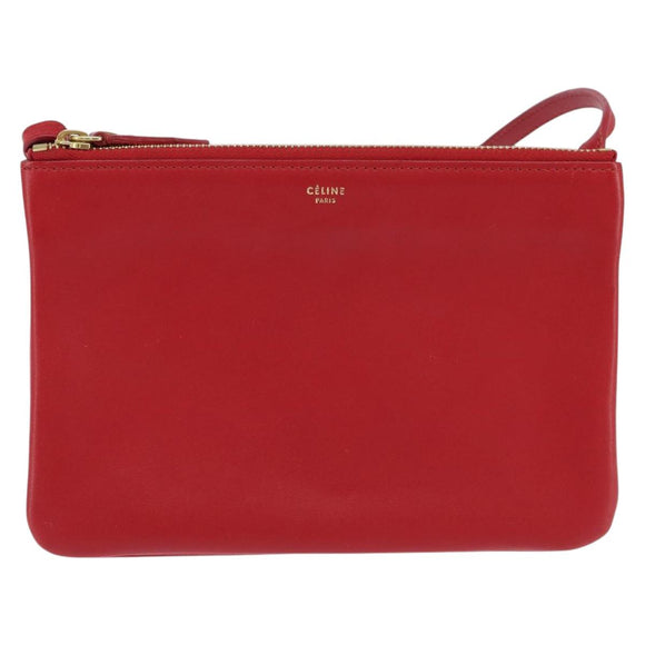 CELINE Trio Small Shoulder Bag Leather Red Gold Auth hk3190