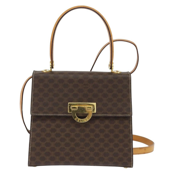 CELINE Macadam Canvas Hand Bag PVC Leather 2way Brown Gold Auth hk3227