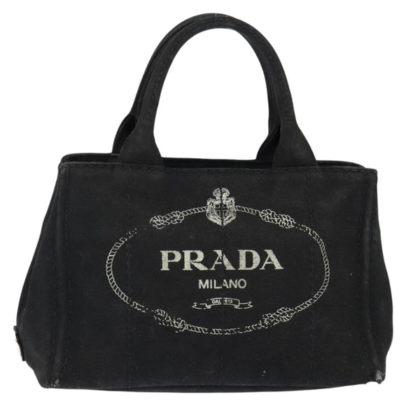 PRADA Canapa PM Hand Bag Canvas Black Gold Auth hk3229