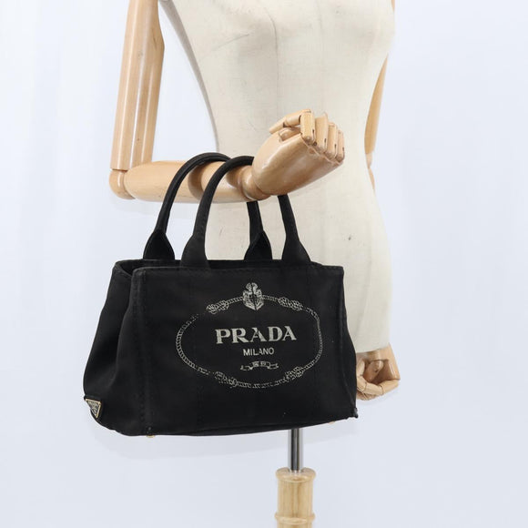 PRADA Canapa PM Hand Bag Canvas Black Gold Auth hk3229