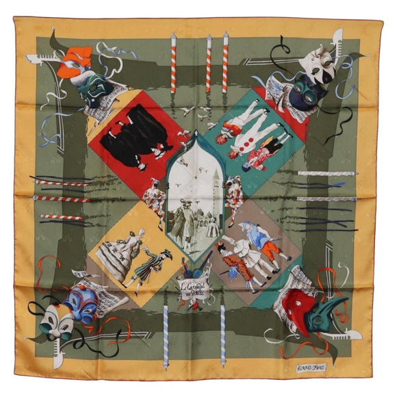 HERMES Carre 90 Scarf ""LE CARNAVAL DE VENICE"" Silk Khaki Auth hk3250