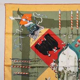 HERMES Carre 90 Scarf ""LE CARNAVAL DE VENICE"" Silk Khaki Auth hk3250 - 0