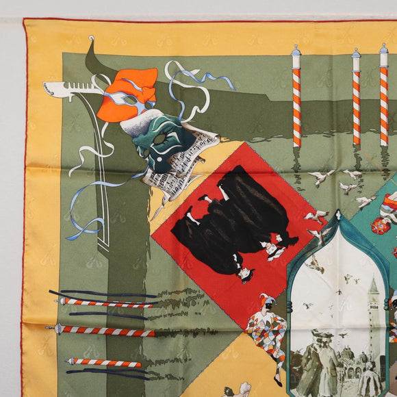 HERMES Carre 90 Scarf ""LE CARNAVAL DE VENICE"" Silk Khaki Auth hk3250