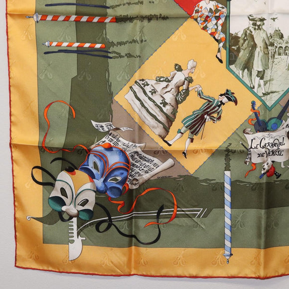 HERMES Carre 90 Scarf ""LE CARNAVAL DE VENICE"" Silk Khaki Auth hk3250