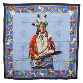 HERMES Carre 90 Scarf ""Pani La Shar Pawnee"" Silk Blue Auth hk3252
