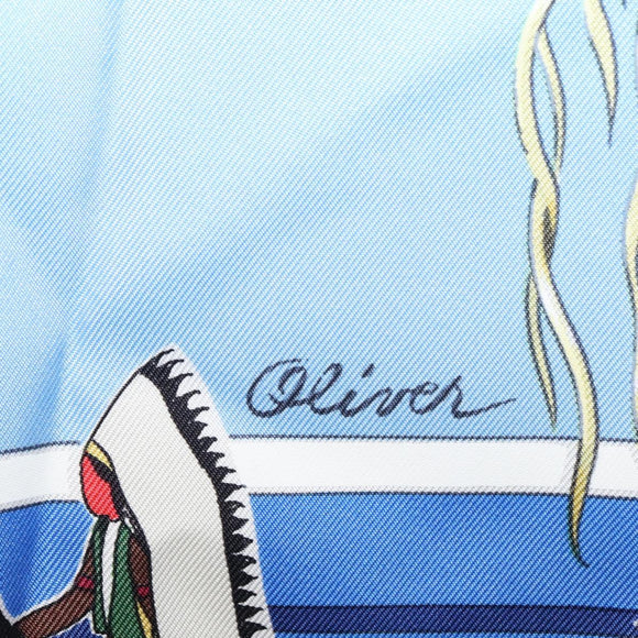 HERMES Carre 90 Scarf ""Pani La Shar Pawnee"" Silk Blue Auth hk3252