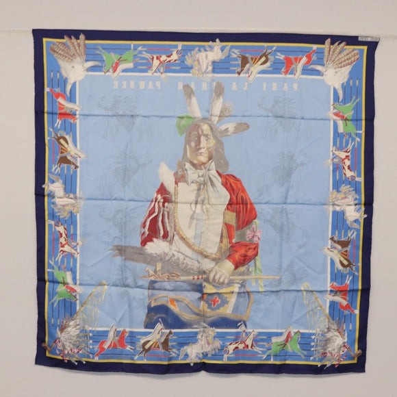 HERMES Carre 90 Scarf ""Pani La Shar Pawnee"" Silk Blue Auth hk3252