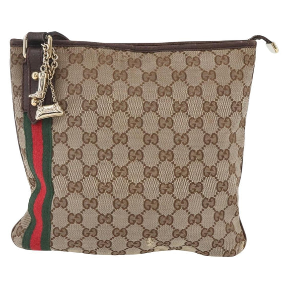 GUCCI GG Canvas Web Sherry Line Shoulder Bag Beige Gold 144388 Auth hk3291