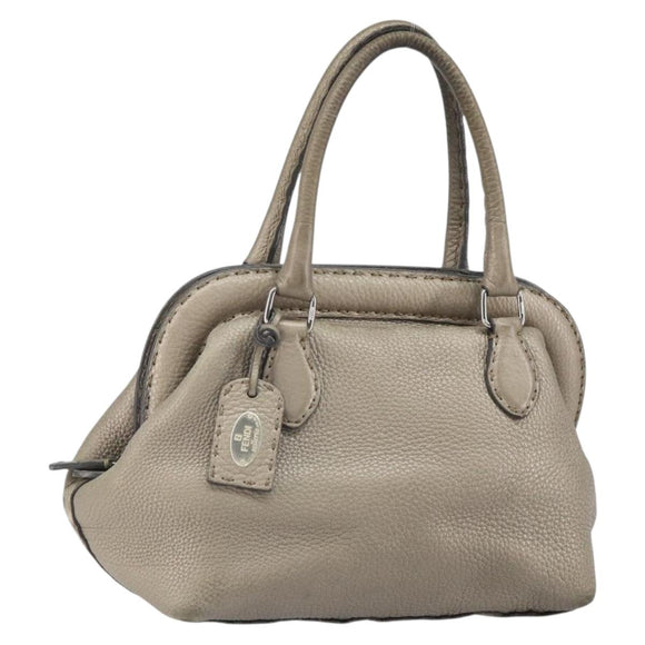 FENDI Celeria Hand Bag Leather Beige Silver Auth hk3299
