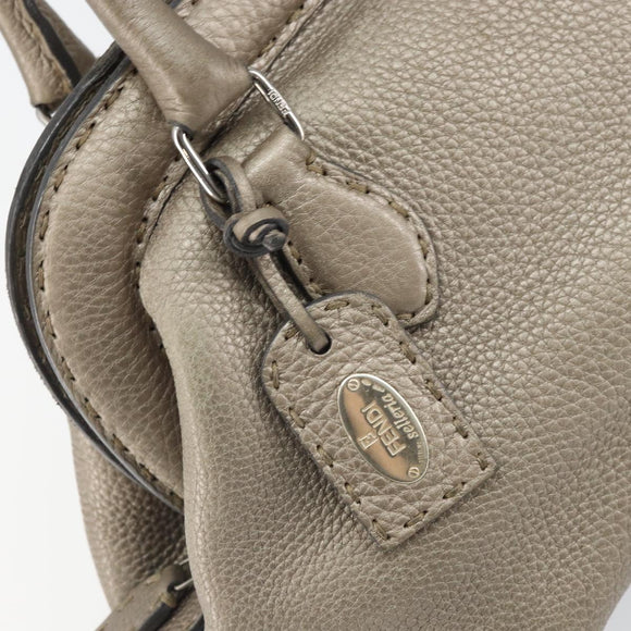 FENDI Celeria Hand Bag Leather Beige Silver Auth hk3299